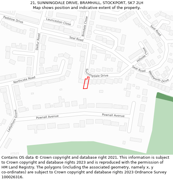 21, SUNNINGDALE DRIVE, BRAMHALL, STOCKPORT, SK7 2LH: Location map and indicative extent of plot