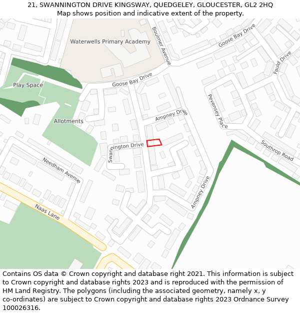 21, SWANNINGTON DRIVE KINGSWAY, QUEDGELEY, GLOUCESTER, GL2 2HQ: Location map and indicative extent of plot