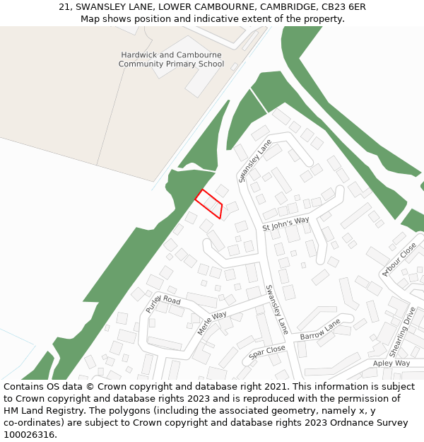 21, SWANSLEY LANE, LOWER CAMBOURNE, CAMBRIDGE, CB23 6ER: Location map and indicative extent of plot
