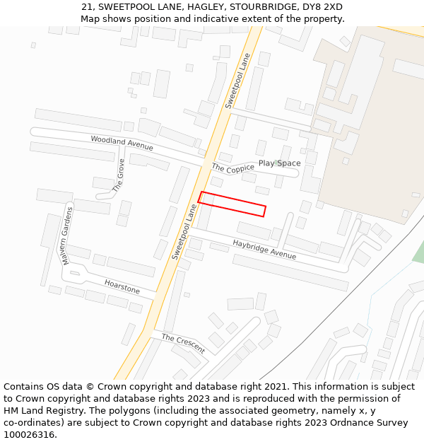 21, SWEETPOOL LANE, HAGLEY, STOURBRIDGE, DY8 2XD: Location map and indicative extent of plot
