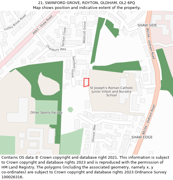 21, SWINFORD GROVE, ROYTON, OLDHAM, OL2 6PQ: Location map and indicative extent of plot