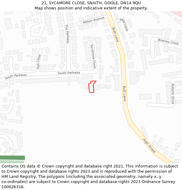 21, SYCAMORE CLOSE, SNAITH, GOOLE, DN14 9QU: Location map and indicative extent of plot