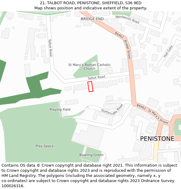 21, TALBOT ROAD, PENISTONE, SHEFFIELD, S36 9ED: Location map and indicative extent of plot