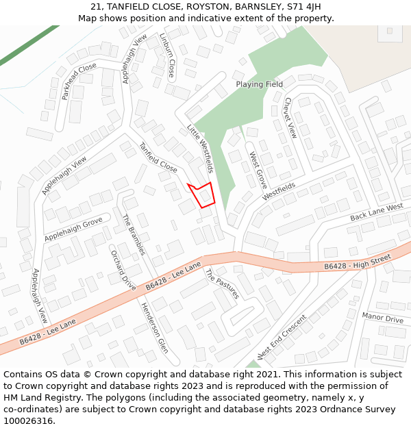 21, TANFIELD CLOSE, ROYSTON, BARNSLEY, S71 4JH: Location map and indicative extent of plot