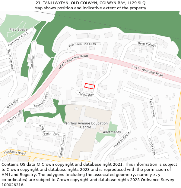 21, TANLLWYFAN, OLD COLWYN, COLWYN BAY, LL29 9LQ: Location map and indicative extent of plot