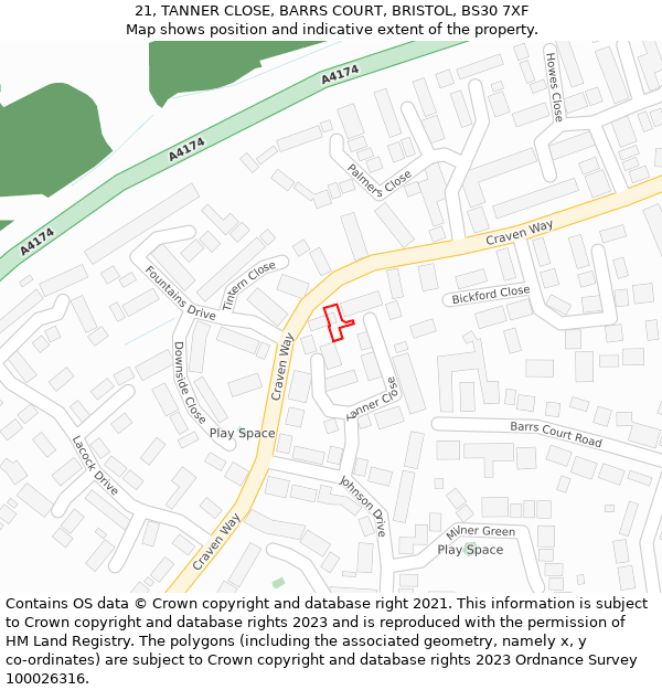 21, TANNER CLOSE, BARRS COURT, BRISTOL, BS30 7XF: Location map and indicative extent of plot