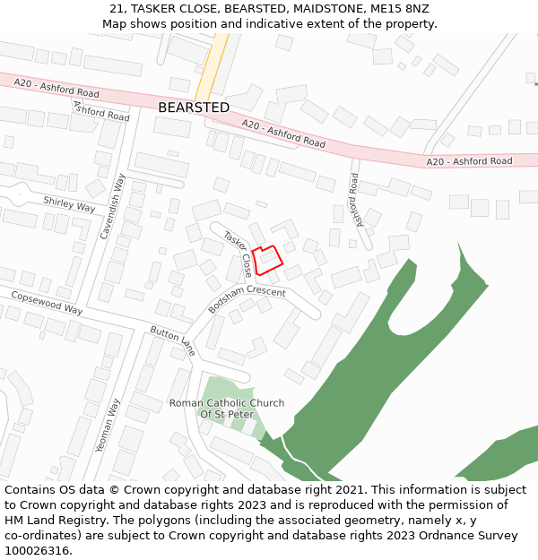 21, TASKER CLOSE, BEARSTED, MAIDSTONE, ME15 8NZ: Location map and indicative extent of plot