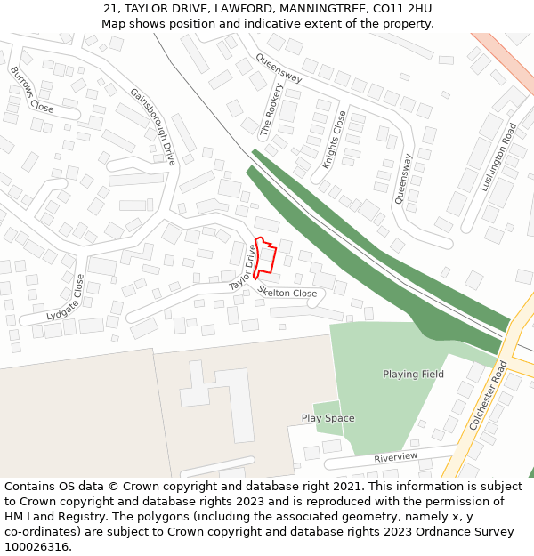 21, TAYLOR DRIVE, LAWFORD, MANNINGTREE, CO11 2HU: Location map and indicative extent of plot