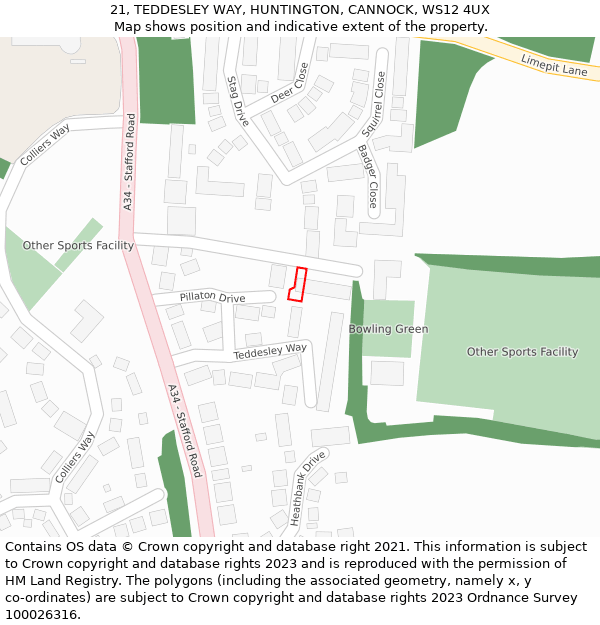 21, TEDDESLEY WAY, HUNTINGTON, CANNOCK, WS12 4UX: Location map and indicative extent of plot