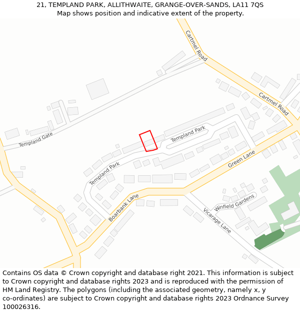 21, TEMPLAND PARK, ALLITHWAITE, GRANGE-OVER-SANDS, LA11 7QS: Location map and indicative extent of plot