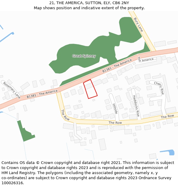 21, THE AMERICA, SUTTON, ELY, CB6 2NY: Location map and indicative extent of plot