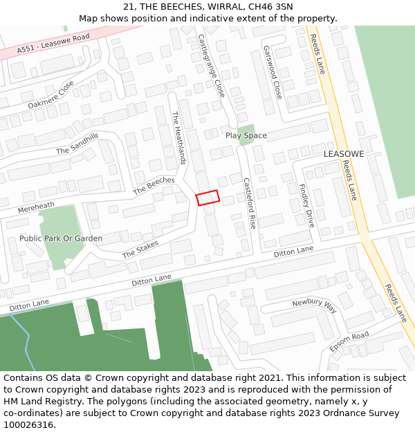 21, THE BEECHES, WIRRAL, CH46 3SN: Location map and indicative extent of plot