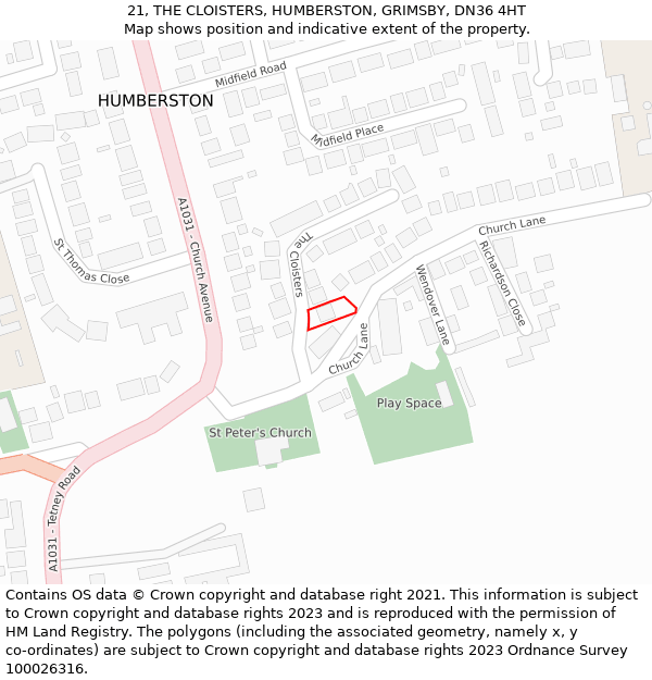 21, THE CLOISTERS, HUMBERSTON, GRIMSBY, DN36 4HT: Location map and indicative extent of plot