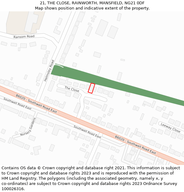 21, THE CLOSE, RAINWORTH, MANSFIELD, NG21 0DF: Location map and indicative extent of plot