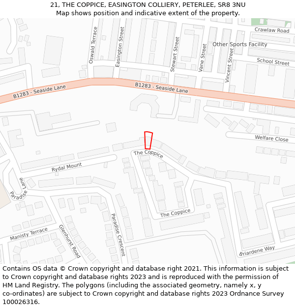 21, THE COPPICE, EASINGTON COLLIERY, PETERLEE, SR8 3NU: Location map and indicative extent of plot