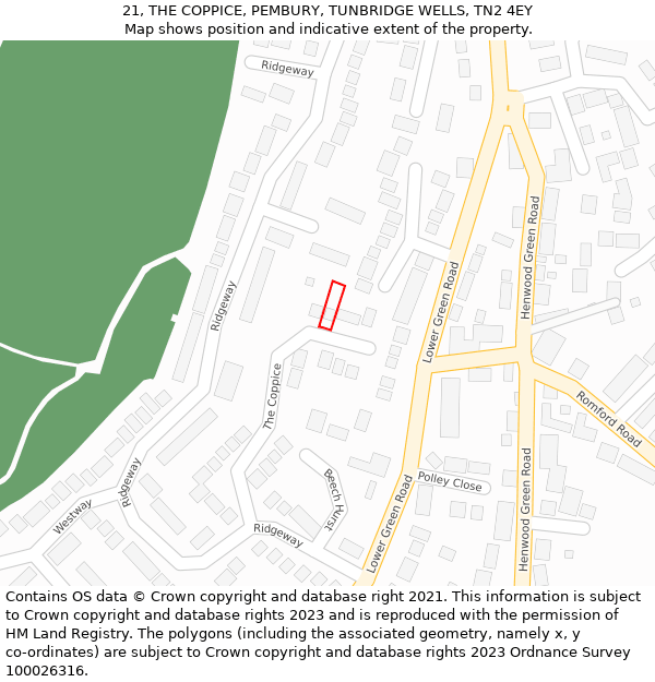 21, THE COPPICE, PEMBURY, TUNBRIDGE WELLS, TN2 4EY: Location map and indicative extent of plot