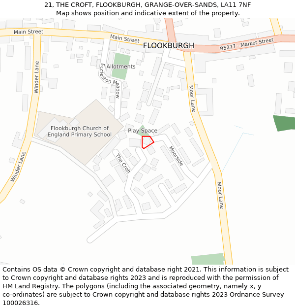 21, THE CROFT, FLOOKBURGH, GRANGE-OVER-SANDS, LA11 7NF: Location map and indicative extent of plot