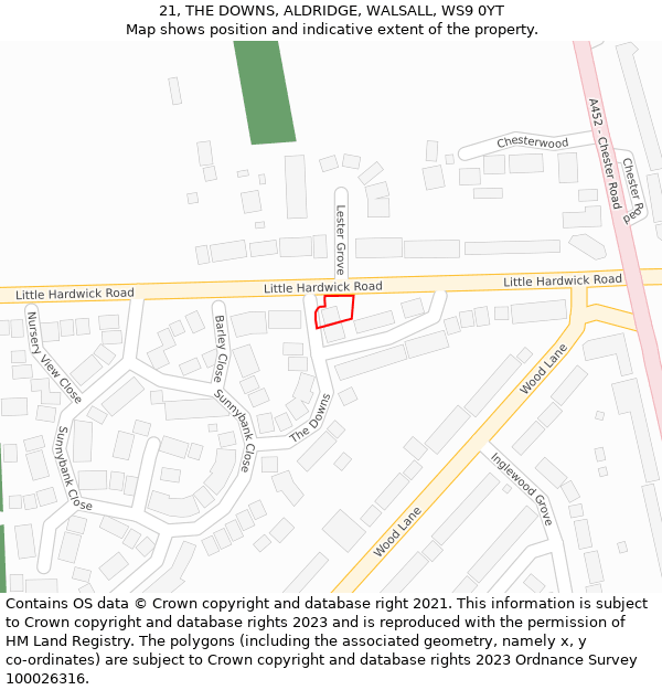 21, THE DOWNS, ALDRIDGE, WALSALL, WS9 0YT: Location map and indicative extent of plot
