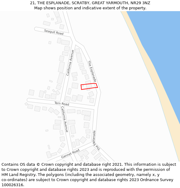 21, THE ESPLANADE, SCRATBY, GREAT YARMOUTH, NR29 3NZ: Location map and indicative extent of plot