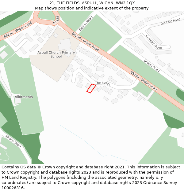 21, THE FIELDS, ASPULL, WIGAN, WN2 1QX: Location map and indicative extent of plot
