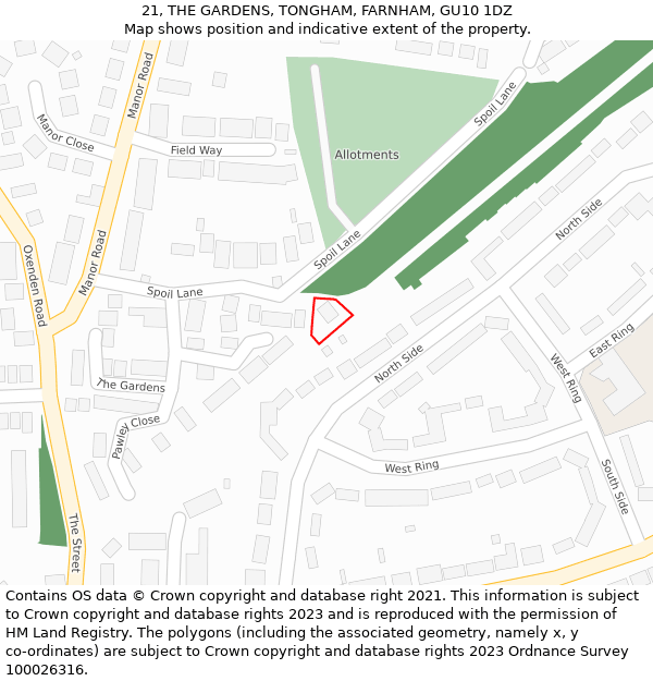 21, THE GARDENS, TONGHAM, FARNHAM, GU10 1DZ: Location map and indicative extent of plot