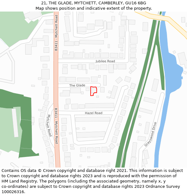 21, THE GLADE, MYTCHETT, CAMBERLEY, GU16 6BG: Location map and indicative extent of plot