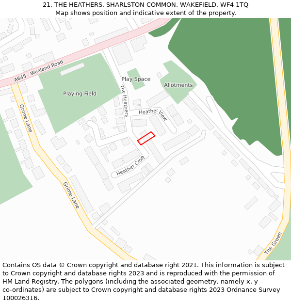 21, THE HEATHERS, SHARLSTON COMMON, WAKEFIELD, WF4 1TQ: Location map and indicative extent of plot