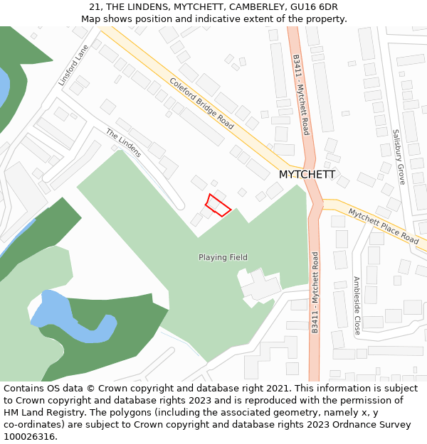 21, THE LINDENS, MYTCHETT, CAMBERLEY, GU16 6DR: Location map and indicative extent of plot