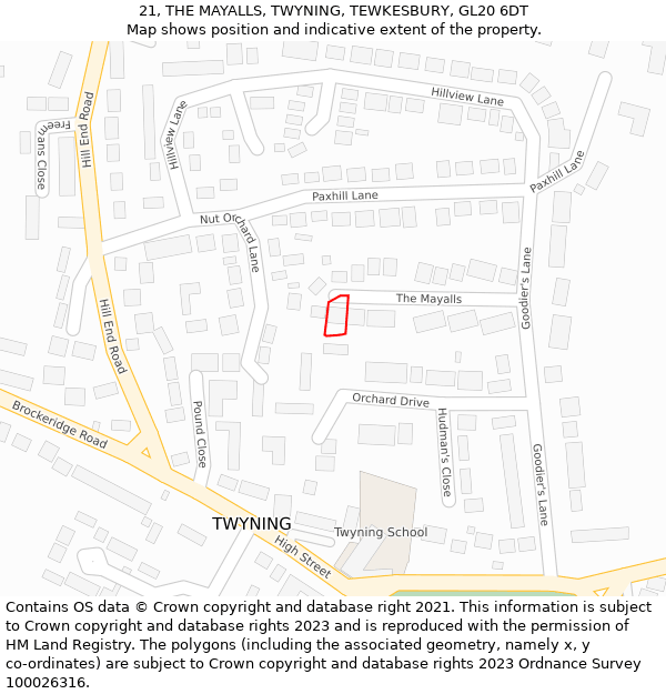 21, THE MAYALLS, TWYNING, TEWKESBURY, GL20 6DT: Location map and indicative extent of plot