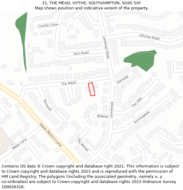 21, THE MEAD, HYTHE, SOUTHAMPTON, SO45 5AY: Location map and indicative extent of plot