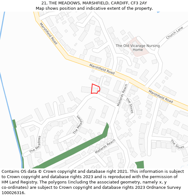 21, THE MEADOWS, MARSHFIELD, CARDIFF, CF3 2AY: Location map and indicative extent of plot