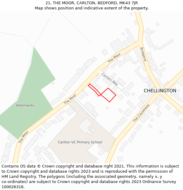 21, THE MOOR, CARLTON, BEDFORD, MK43 7JR: Location map and indicative extent of plot