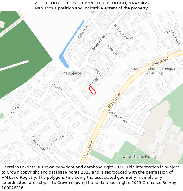 21, THE OLD FURLONG, CRANFIELD, BEDFORD, MK43 0GS: Location map and indicative extent of plot