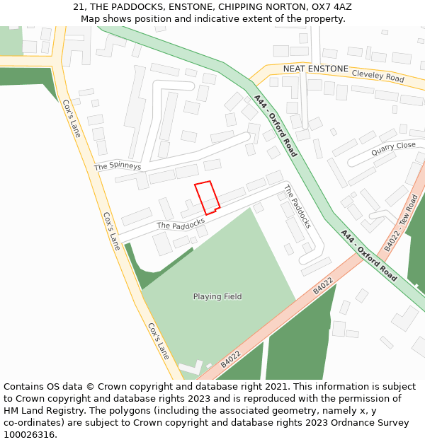 21, THE PADDOCKS, ENSTONE, CHIPPING NORTON, OX7 4AZ: Location map and indicative extent of plot