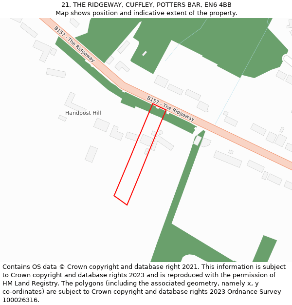21, THE RIDGEWAY, CUFFLEY, POTTERS BAR, EN6 4BB: Location map and indicative extent of plot