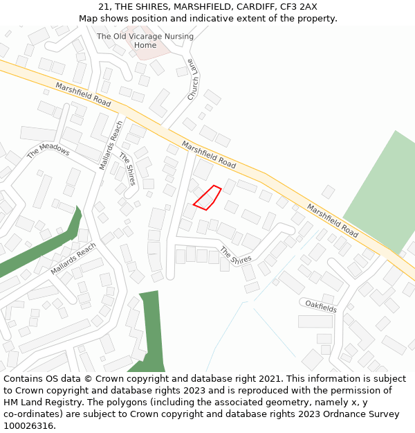 21, THE SHIRES, MARSHFIELD, CARDIFF, CF3 2AX: Location map and indicative extent of plot