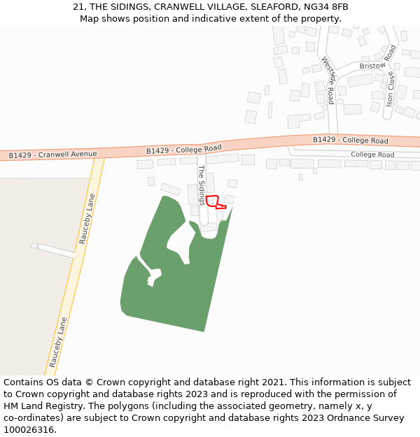 21, THE SIDINGS, CRANWELL VILLAGE, SLEAFORD, NG34 8FB: Location map and indicative extent of plot