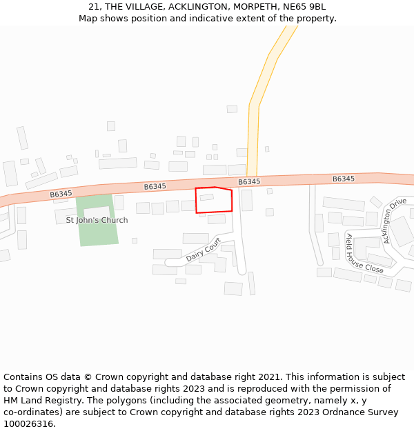 21, THE VILLAGE, ACKLINGTON, MORPETH, NE65 9BL: Location map and indicative extent of plot