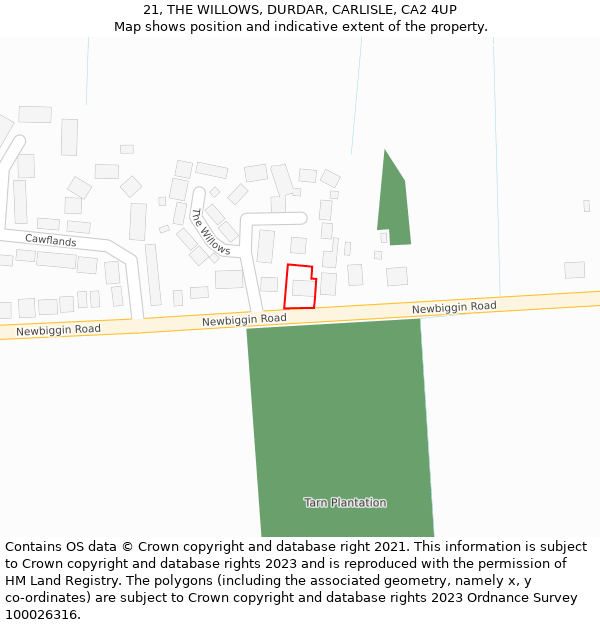 21, THE WILLOWS, DURDAR, CARLISLE, CA2 4UP: Location map and indicative extent of plot