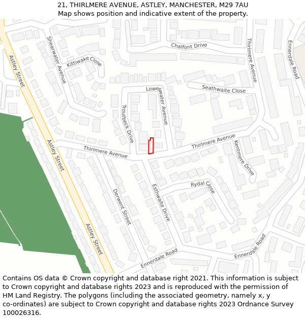 21, THIRLMERE AVENUE, ASTLEY, MANCHESTER, M29 7AU: Location map and indicative extent of plot