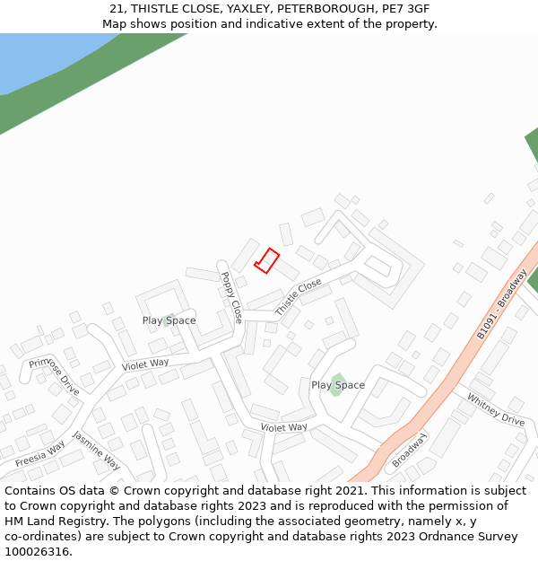 21, THISTLE CLOSE, YAXLEY, PETERBOROUGH, PE7 3GF: Location map and indicative extent of plot