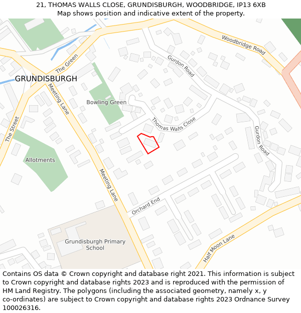 21, THOMAS WALLS CLOSE, GRUNDISBURGH, WOODBRIDGE, IP13 6XB: Location map and indicative extent of plot