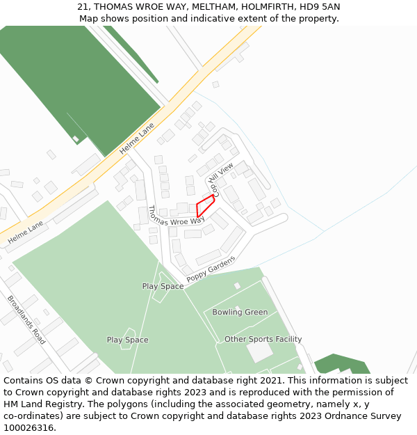 21, THOMAS WROE WAY, MELTHAM, HOLMFIRTH, HD9 5AN: Location map and indicative extent of plot