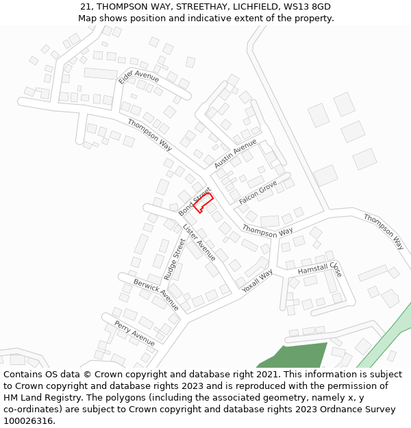 21, THOMPSON WAY, STREETHAY, LICHFIELD, WS13 8GD: Location map and indicative extent of plot