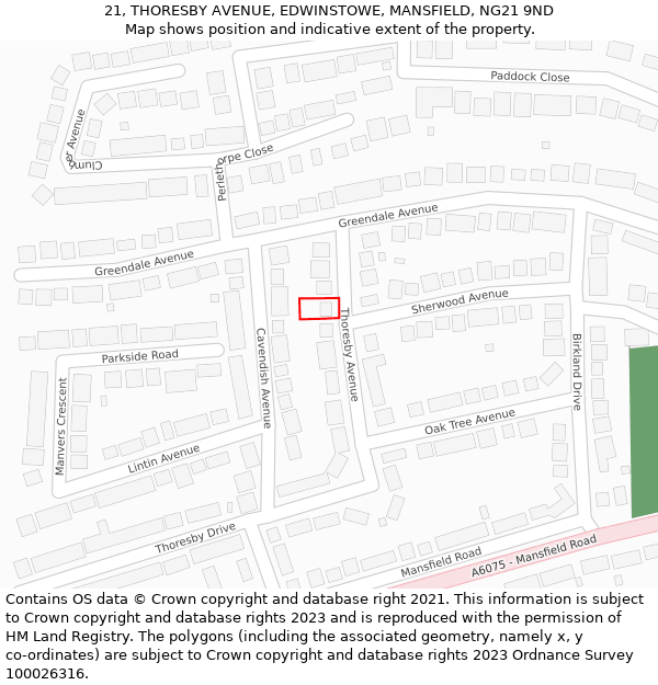 21, THORESBY AVENUE, EDWINSTOWE, MANSFIELD, NG21 9ND: Location map and indicative extent of plot