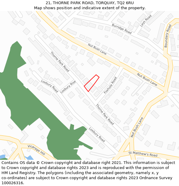 21, THORNE PARK ROAD, TORQUAY, TQ2 6RU: Location map and indicative extent of plot
