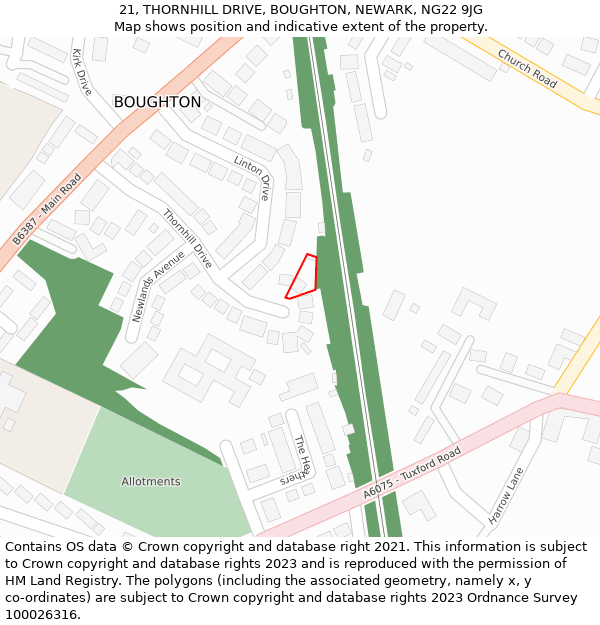 21, THORNHILL DRIVE, BOUGHTON, NEWARK, NG22 9JG: Location map and indicative extent of plot