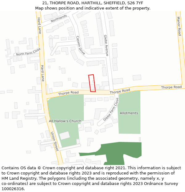 21, THORPE ROAD, HARTHILL, SHEFFIELD, S26 7YF: Location map and indicative extent of plot