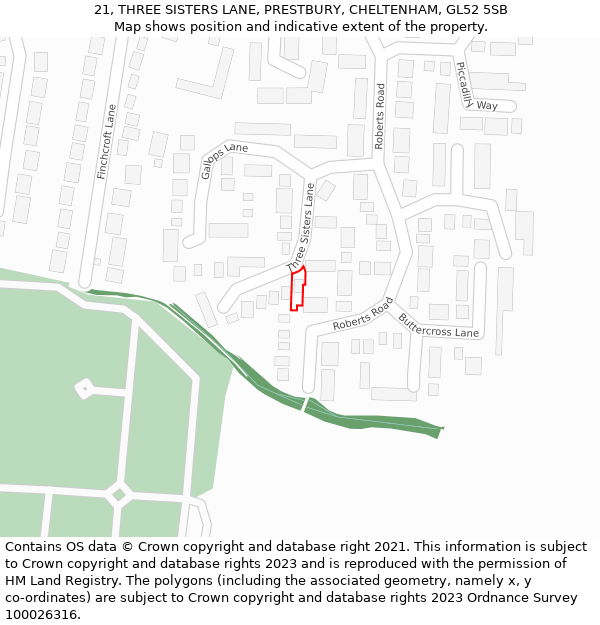 21, THREE SISTERS LANE, PRESTBURY, CHELTENHAM, GL52 5SB: Location map and indicative extent of plot