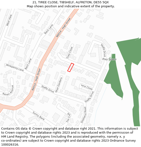 21, TIREE CLOSE, TIBSHELF, ALFRETON, DE55 5QX: Location map and indicative extent of plot